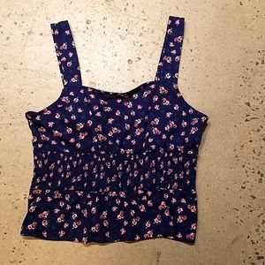 Express blue and rose print smocked tank top